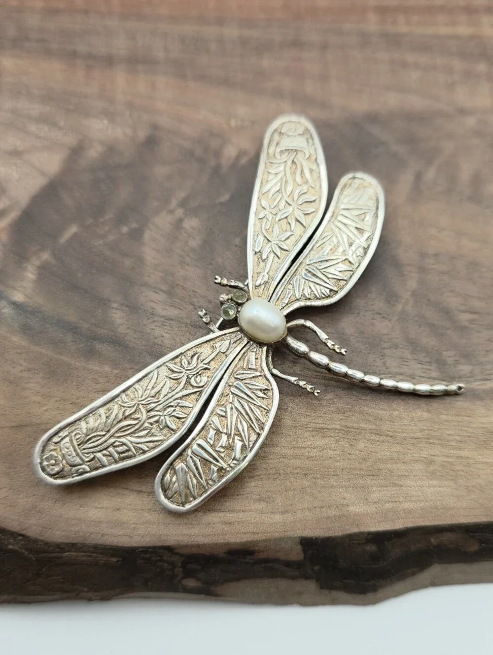 Vintage Dragonfly Insect Brooch Pearl Repousse Art Nouveau 925 Sterling Silver